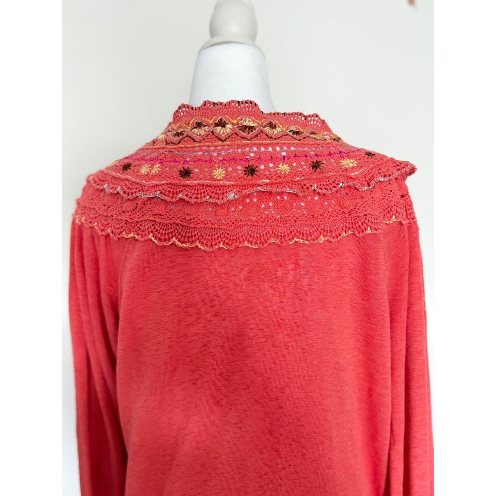 Free People Coral Pink Crochet Embroidered Henley Boho Long Sleeve Top Women M - Picture 5 of 15